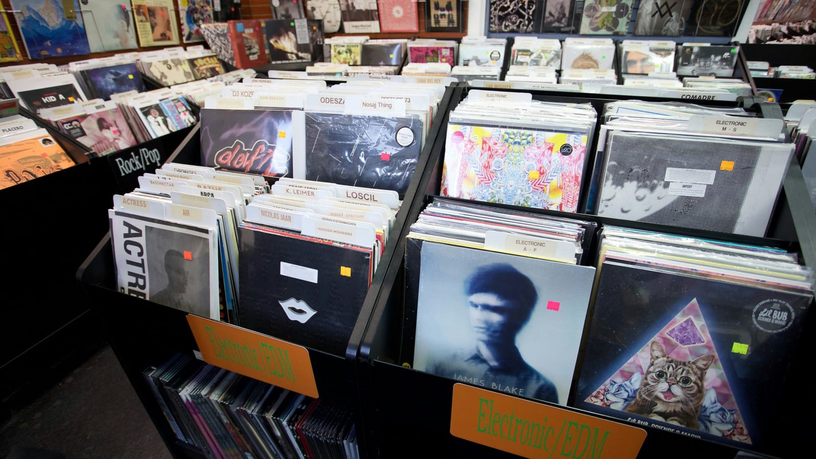 Rows of vinyl albums by many artists displayed at The Sound Garden record shop in Baltimore.