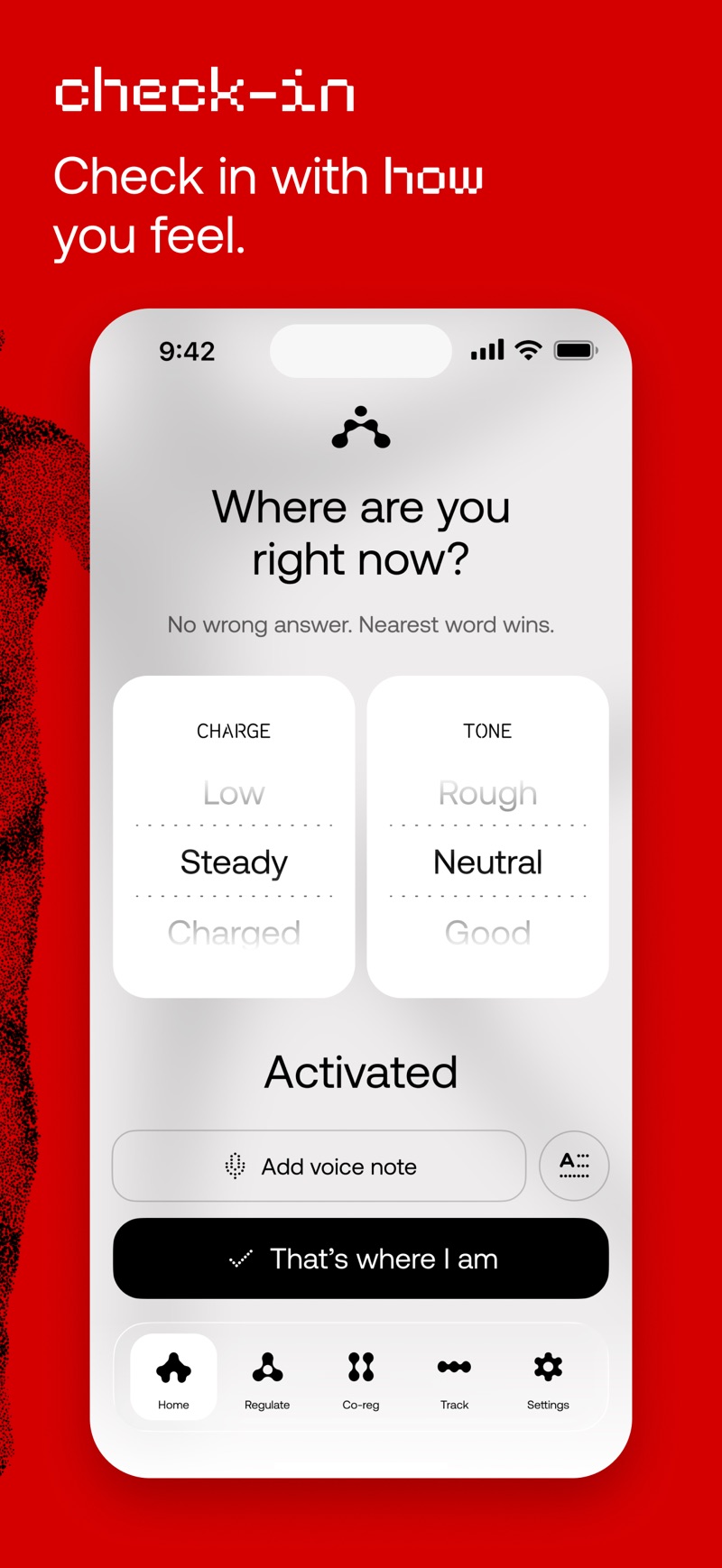 Attuned daily check-in screen with charge and tone selections