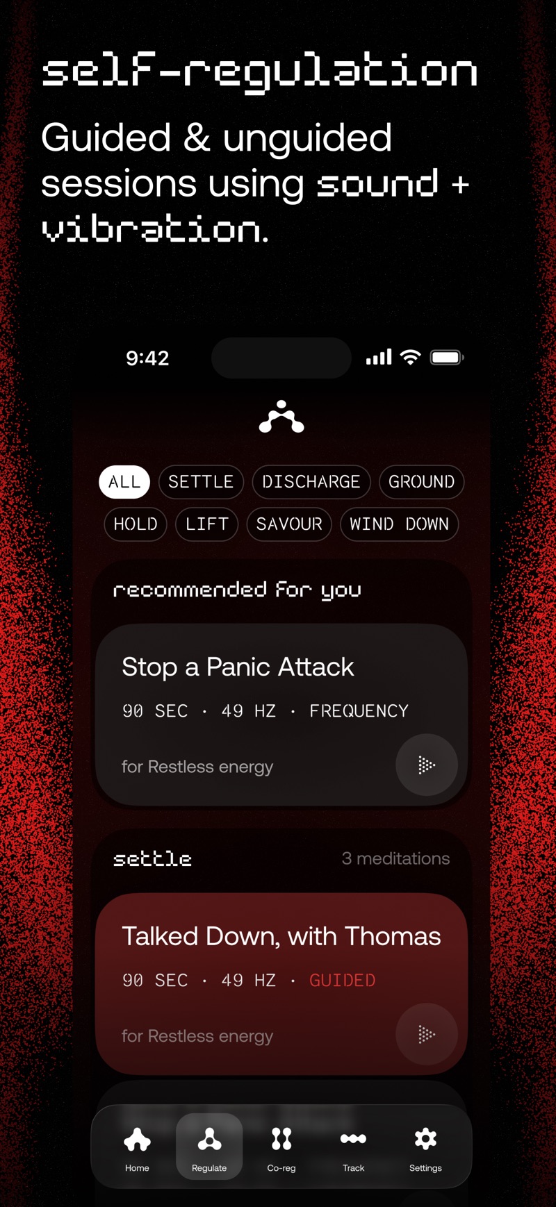 Attuned self-regulation library with guided audio and vibration sessions
