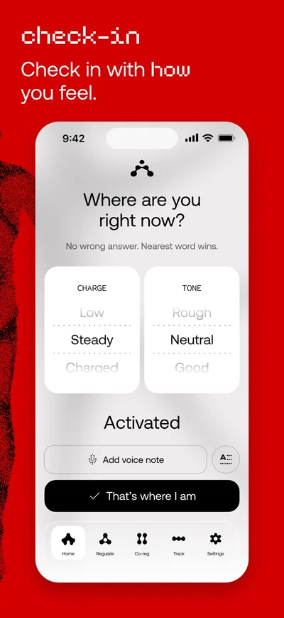 Attuned daily check-in screen with charge and tone selections